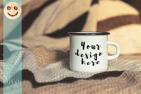 Download White campfire mug mockup with woven blanket.